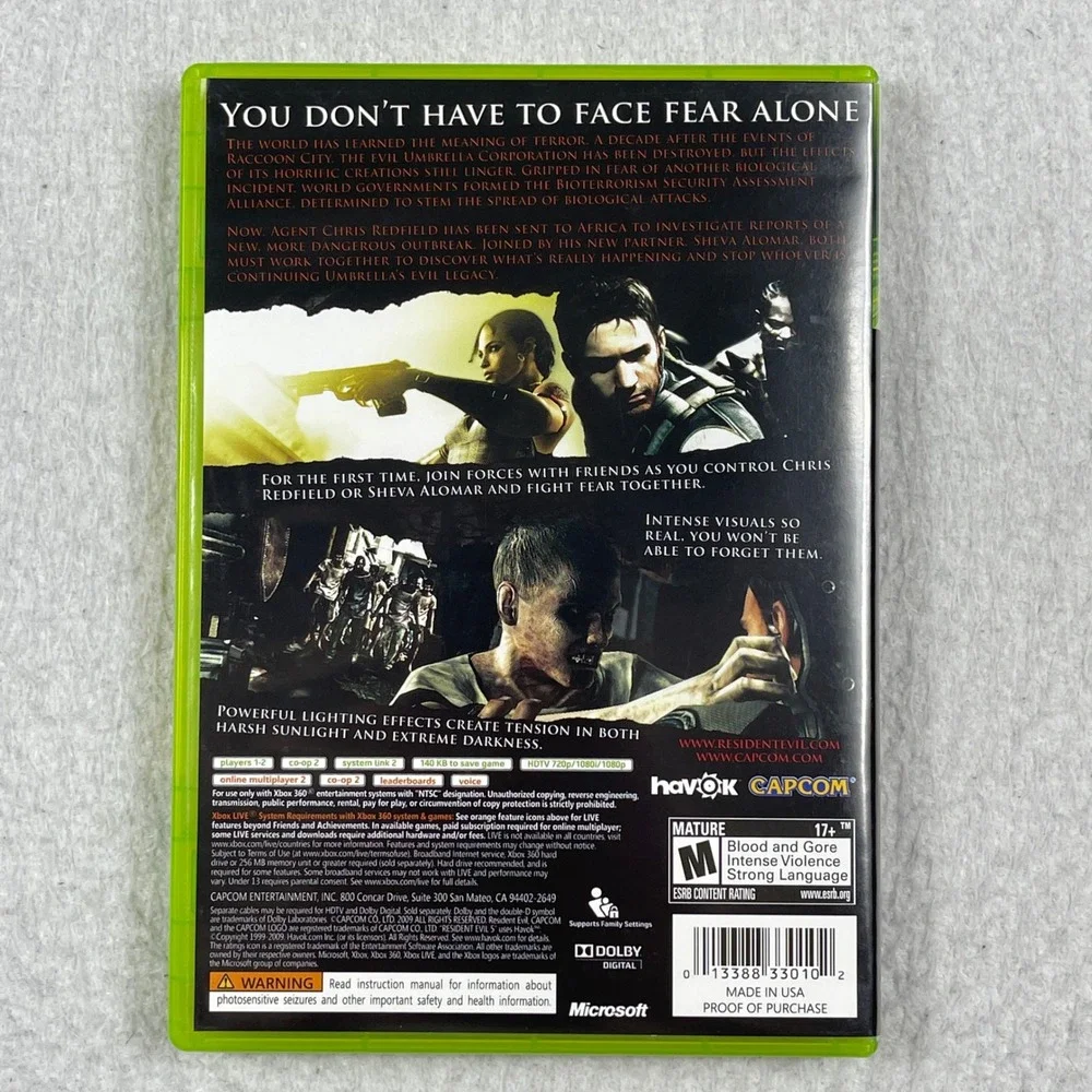 Capcom‎ Resident Evil 5 Xbox 360 Standard Edition Survival Horror Video Game